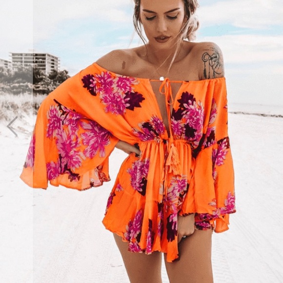Orange tropical print romper coverup small - Picture 3 of 11